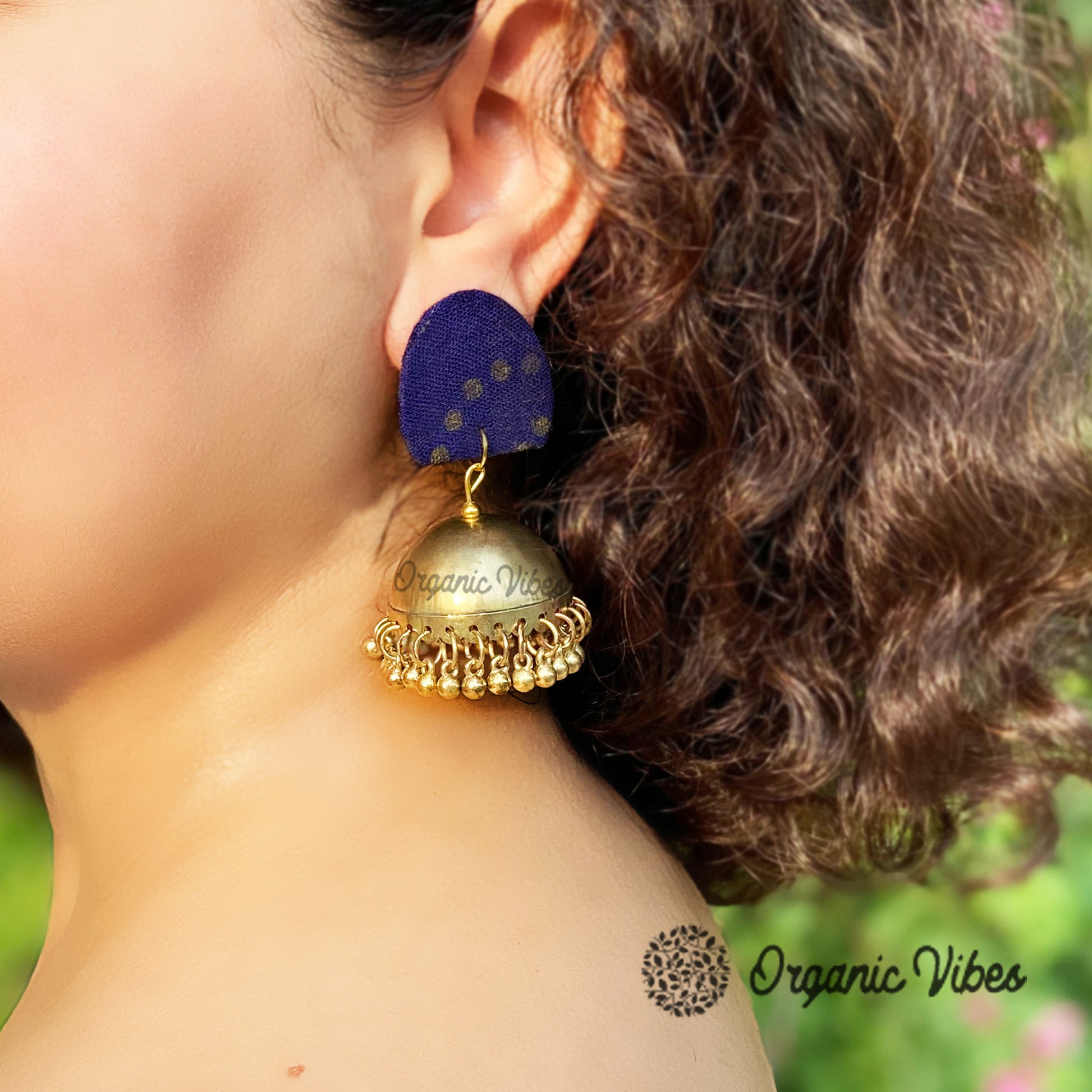 Organic Vibes Handmade Unique Geometric Blue Stud With Golden Jhumka Fabric Earrings For Women