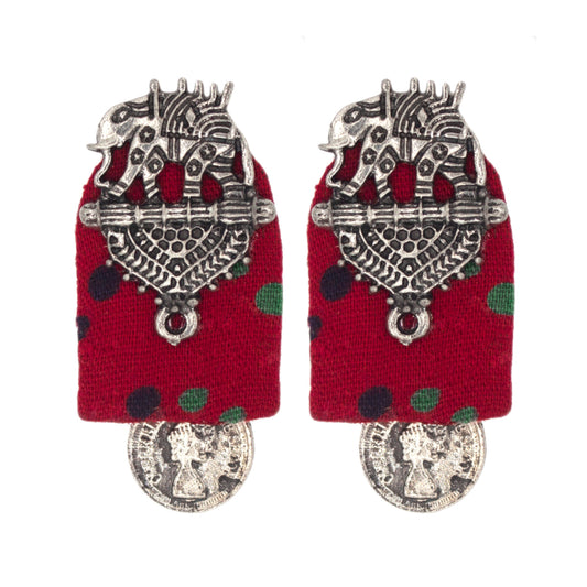 Organic Vibes Handmade Elephant Design Red With Antique Coin Studded Fabric Earrings For Women
