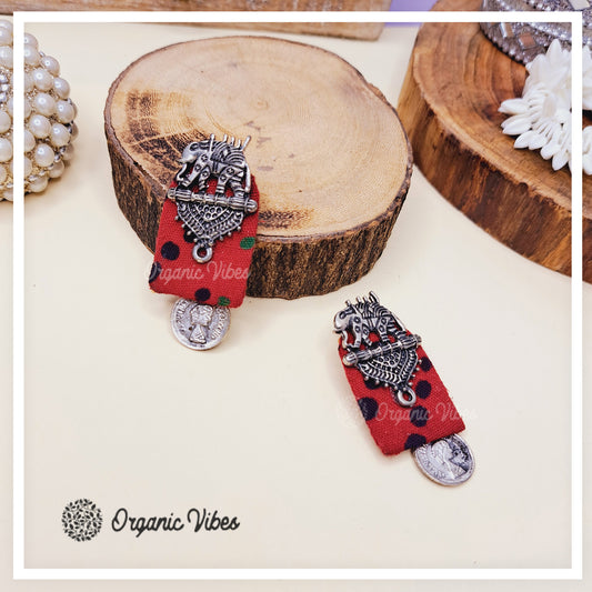 Organic Vibes Handmade Elephant Design Red With Antique Coin Studded Fabric Earrings For Women
