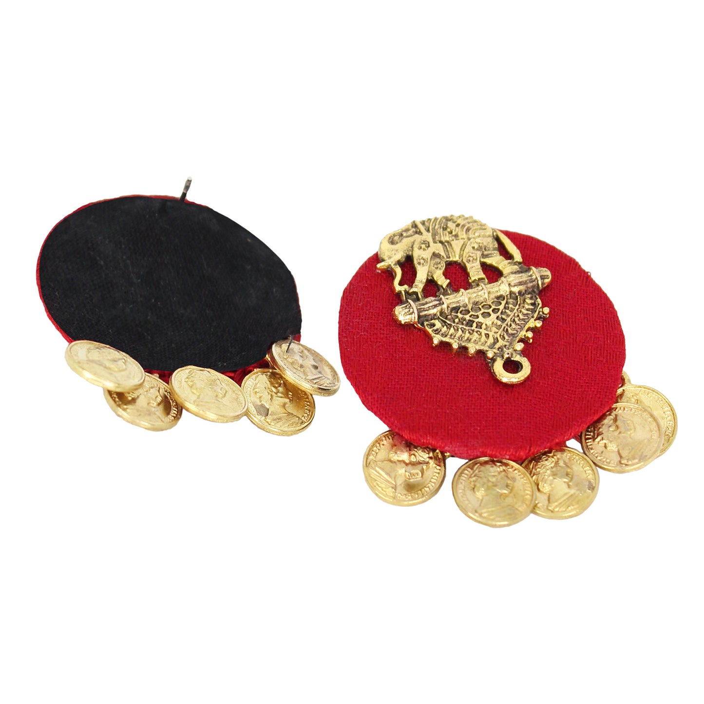 Organic Vibes Handmade Red Elephant Design Antique Coin Studded Fabric Earrings For Women