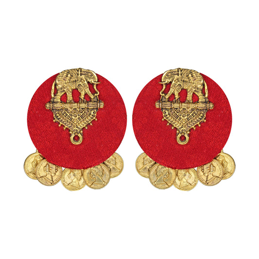 Organic Vibes Handmade Red Elephant Design Antique Coin Studded Fabric Earrings For Women