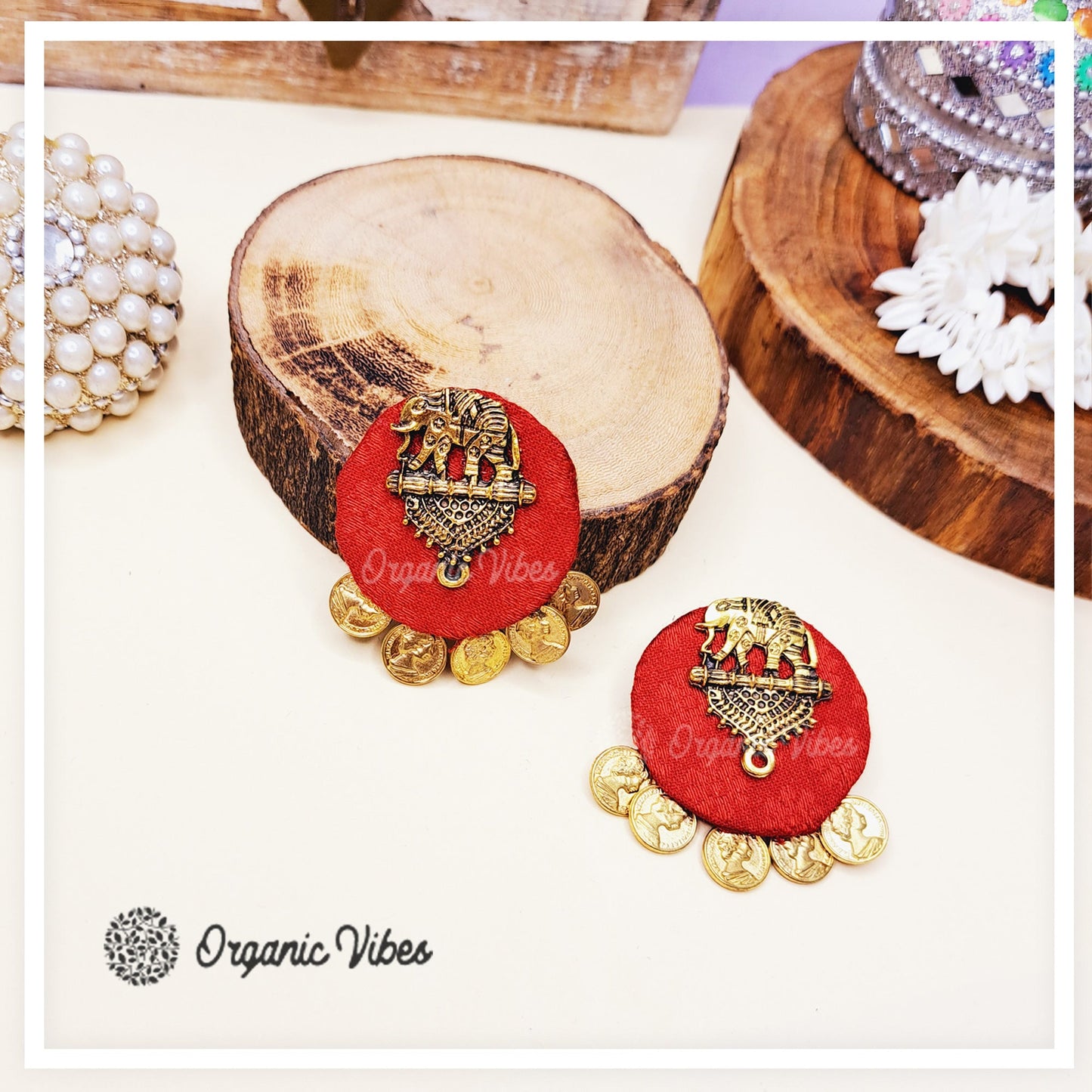 Organic Vibes Handmade Red Elephant Design Antique Coin Studded Fabric Earrings For Women