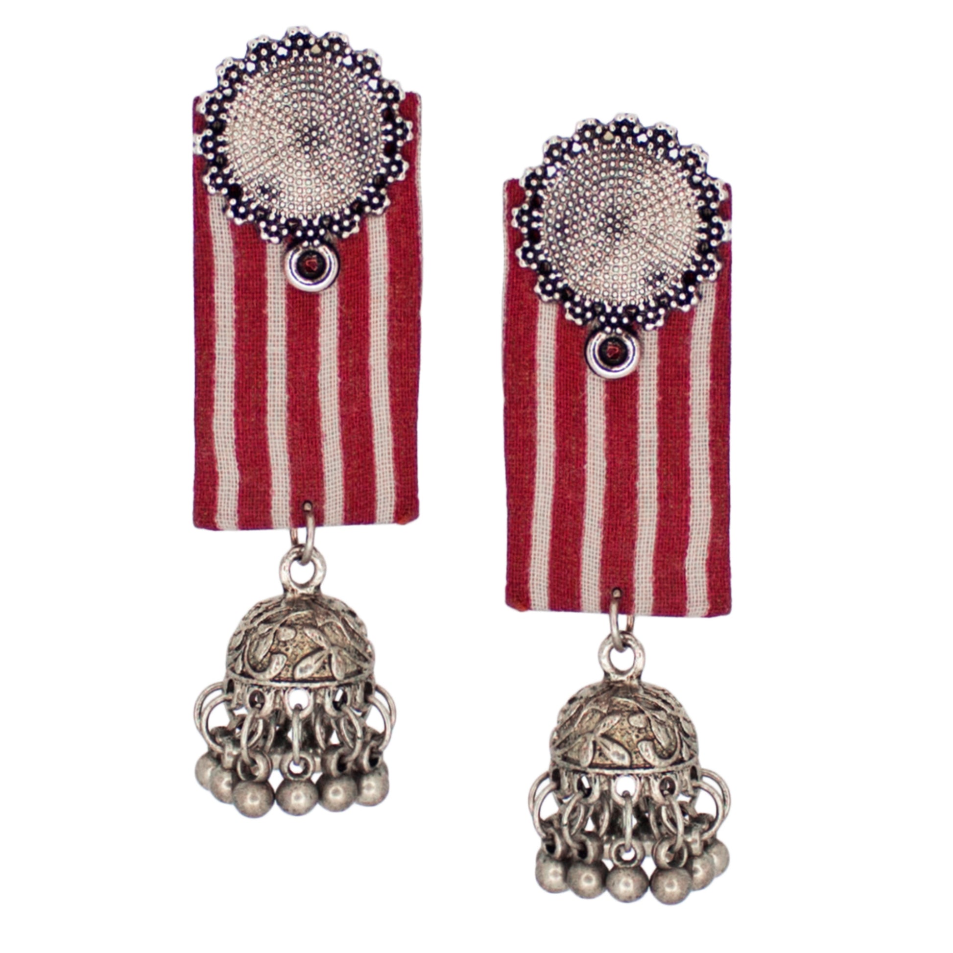 Organic Vibes Handmade Red And White Striped With Floral Stud And Jhumki Fabric Earrings For Women