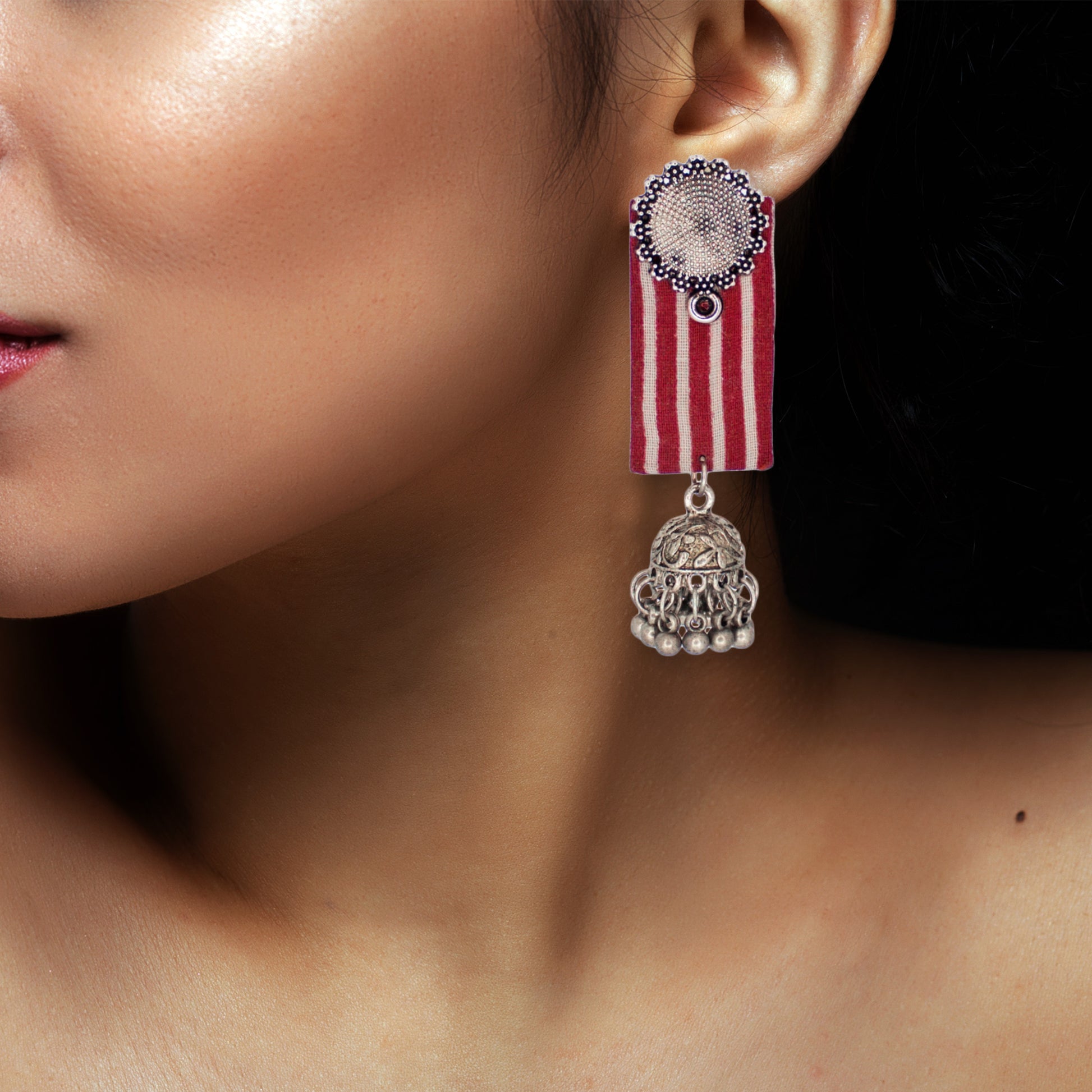 Organic Vibes Handmade Red And White Striped With Floral Stud And Jhumki Fabric Earrings For Women