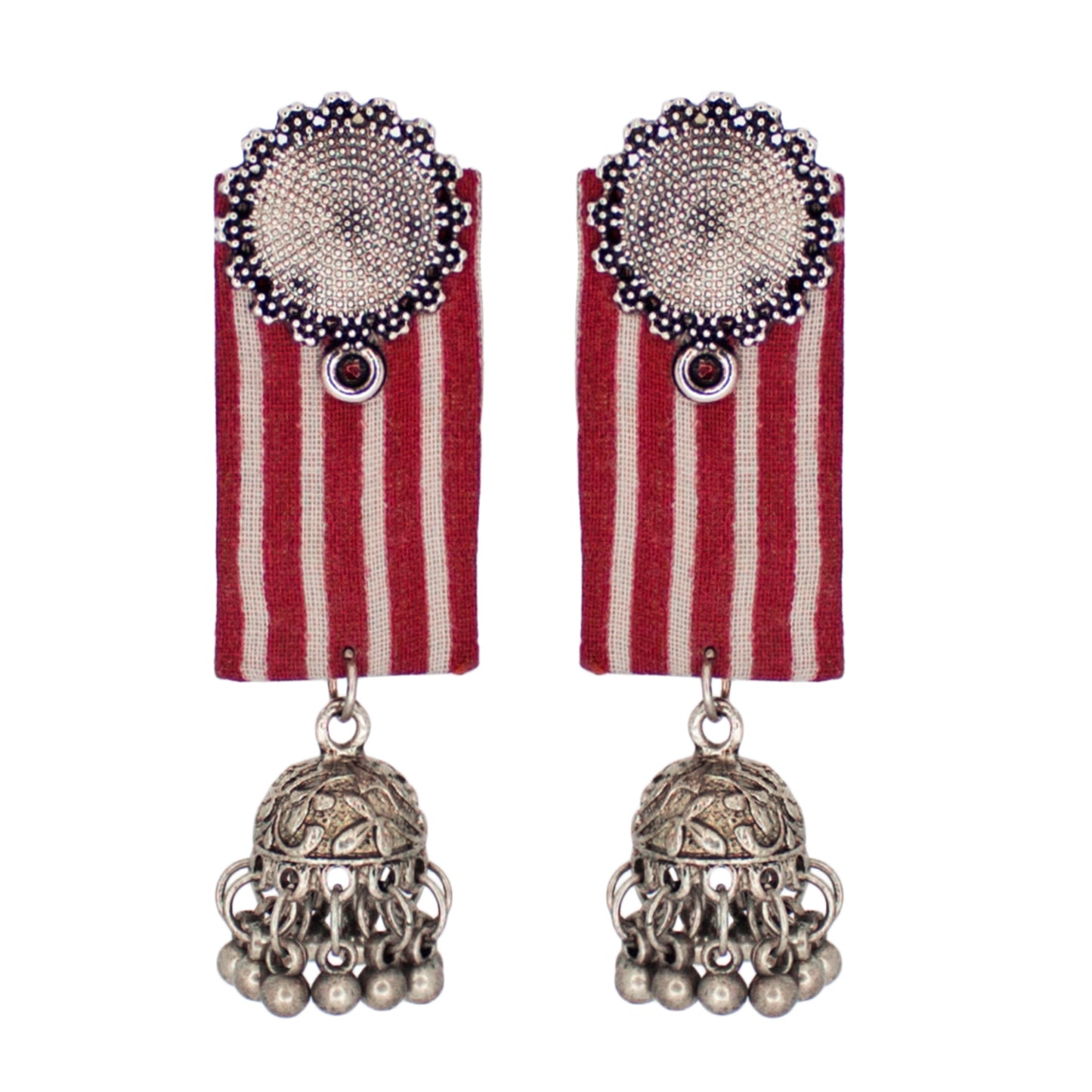Organic Vibes Handmade Red And White Striped With Floral Stud And Jhumki Fabric Earrings For Women