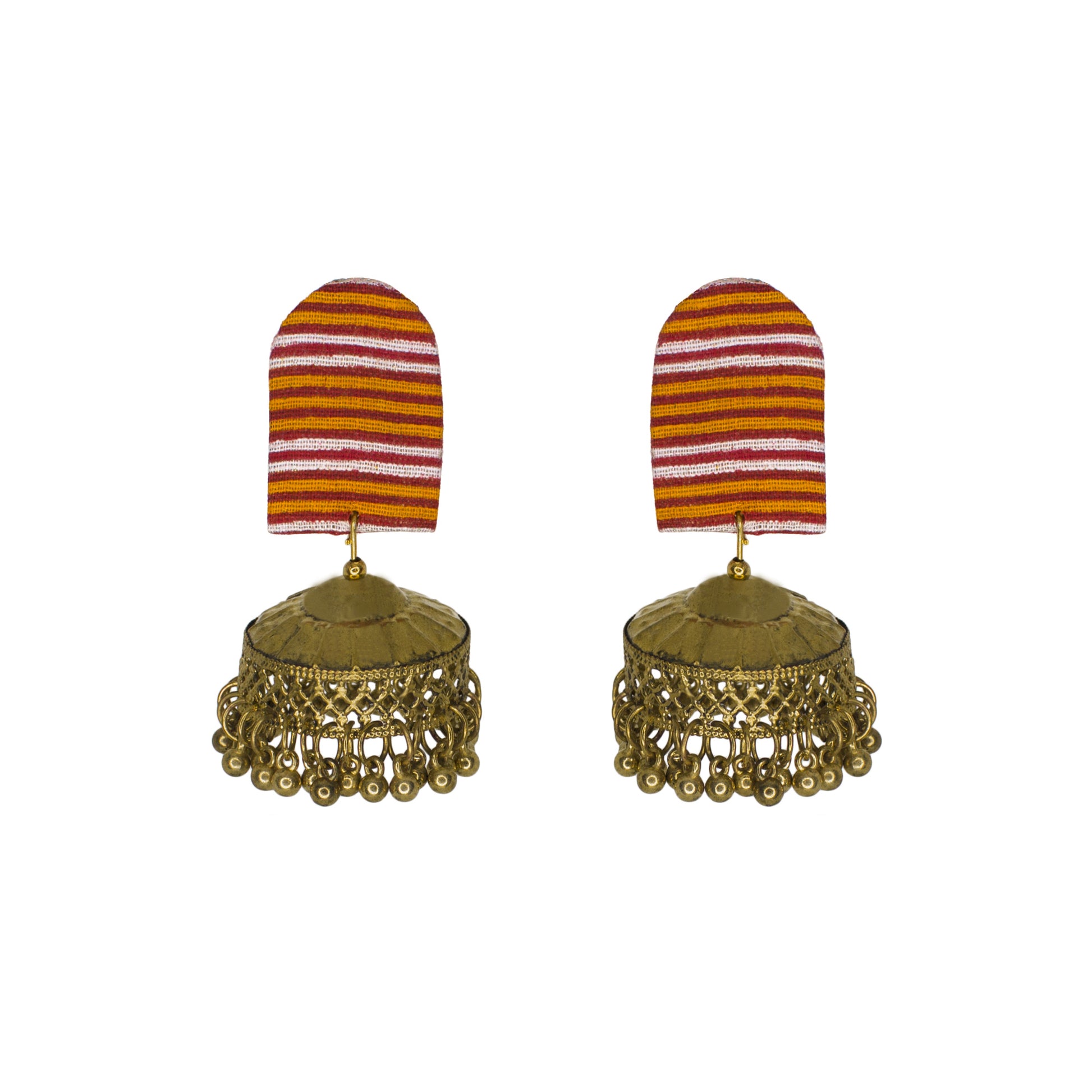 Organic Vibes Handmade Multi Colour Striped Fabric Studs With Golden Jhumka Earrings For Women