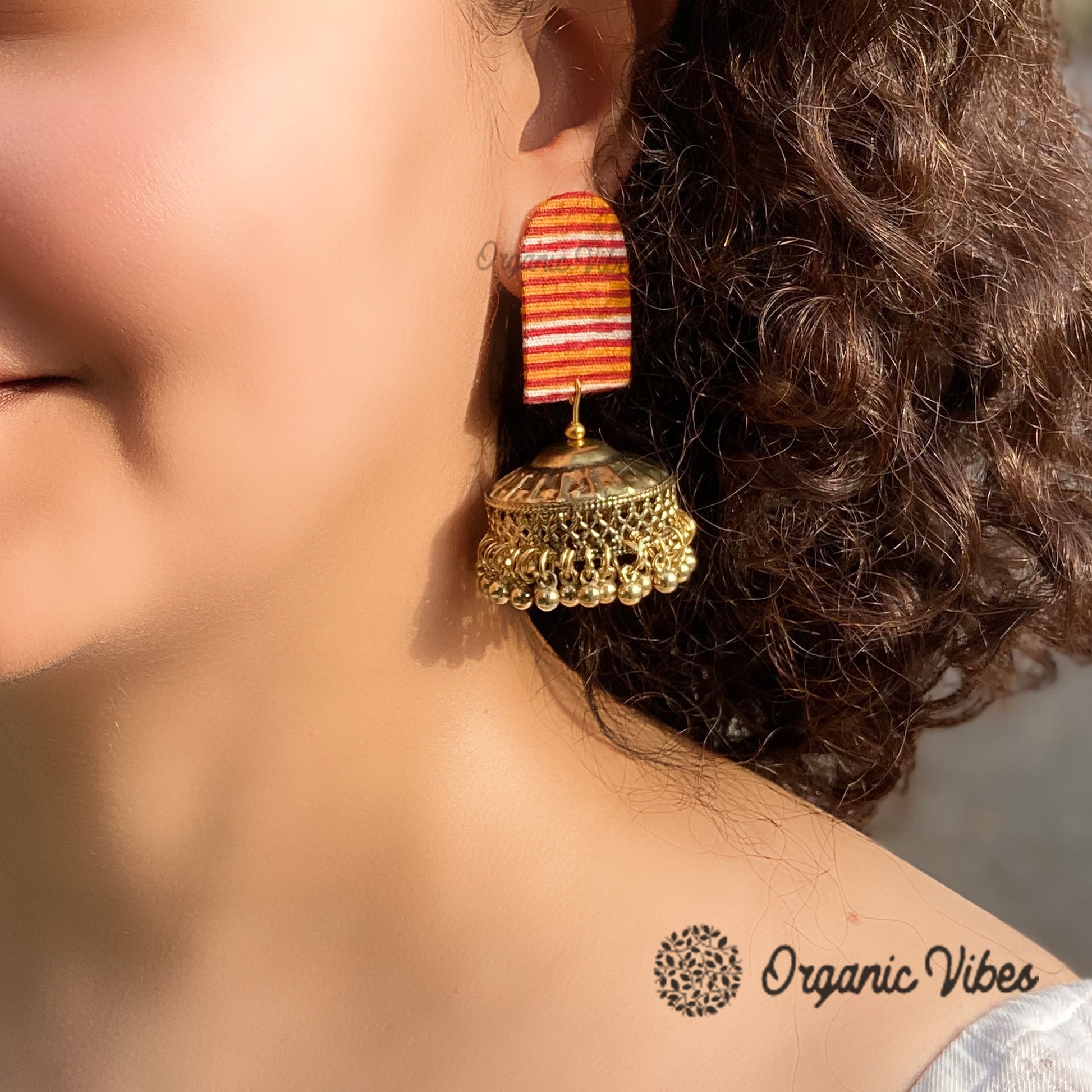 Organic Vibes Handmade Multi Colour Striped Fabric Studs With Golden Jhumka Earrings For Women