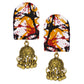 Organic Vibes Handmade Unique Multi Colour Tie Dye Print With Golden Jhumki Fabric Earrings For Women