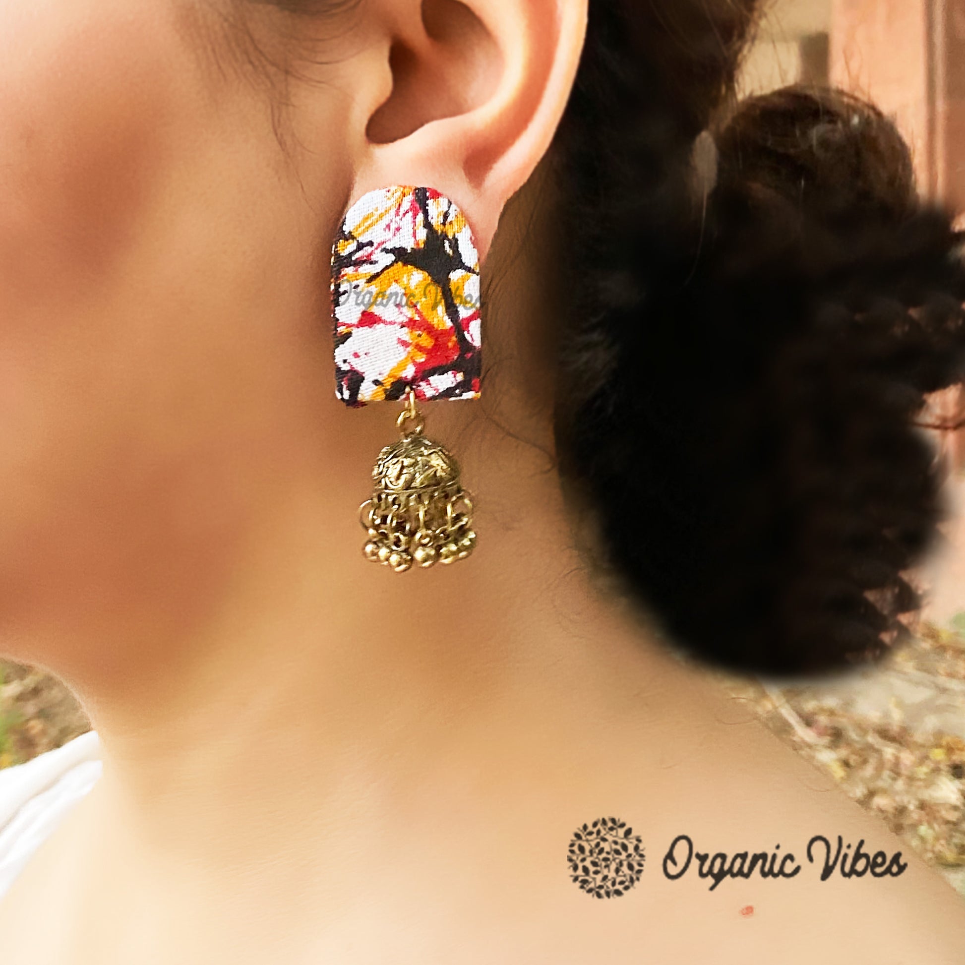 Organic Vibes Handmade Unique Multi Colour Tie Dye Print With Golden Jhumki Fabric Earrings For Women