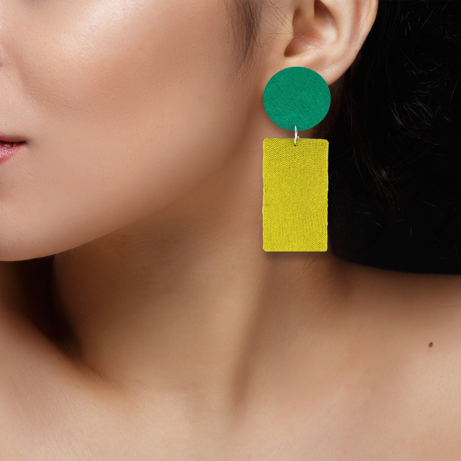 Organic Vibes Handmade Geometrical Shape Green-Olive Dangler Fabric Earrings For Women