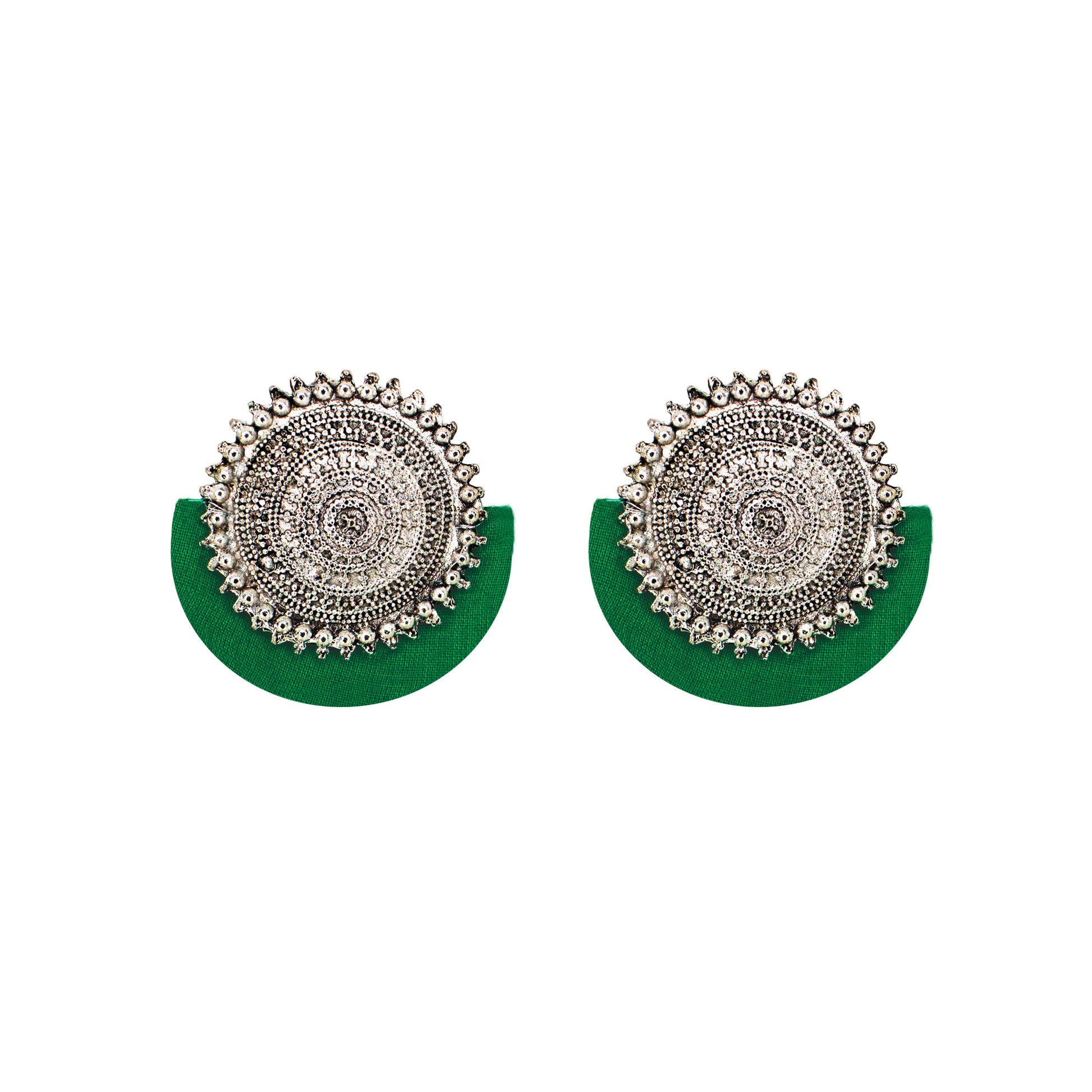 Organic Vibes Handmade Temple Design Green Big Stud Fabric Earrings For Women