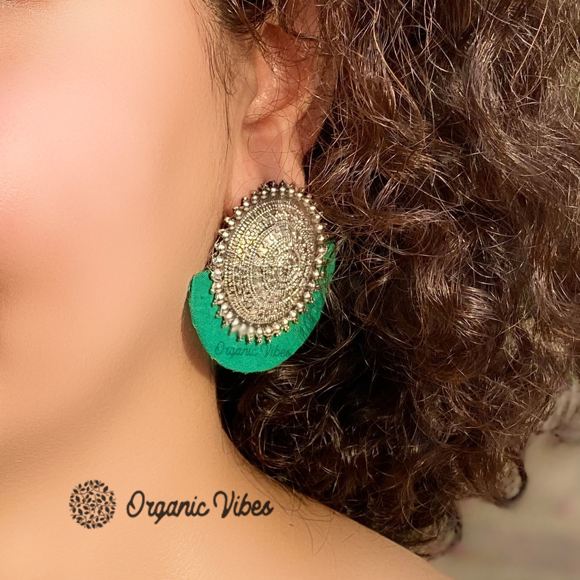 Organic Vibes Handmade Temple Design Green Big Stud Fabric Earrings For Women