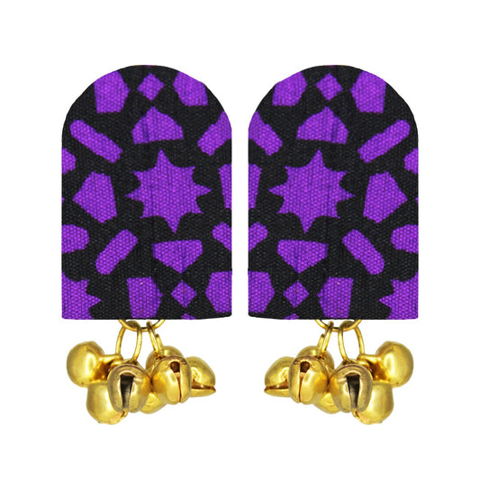 Organic Vibes Handmade Trendy Black-Purple Print With Golden Ghungroo Fabric Earrings For Women