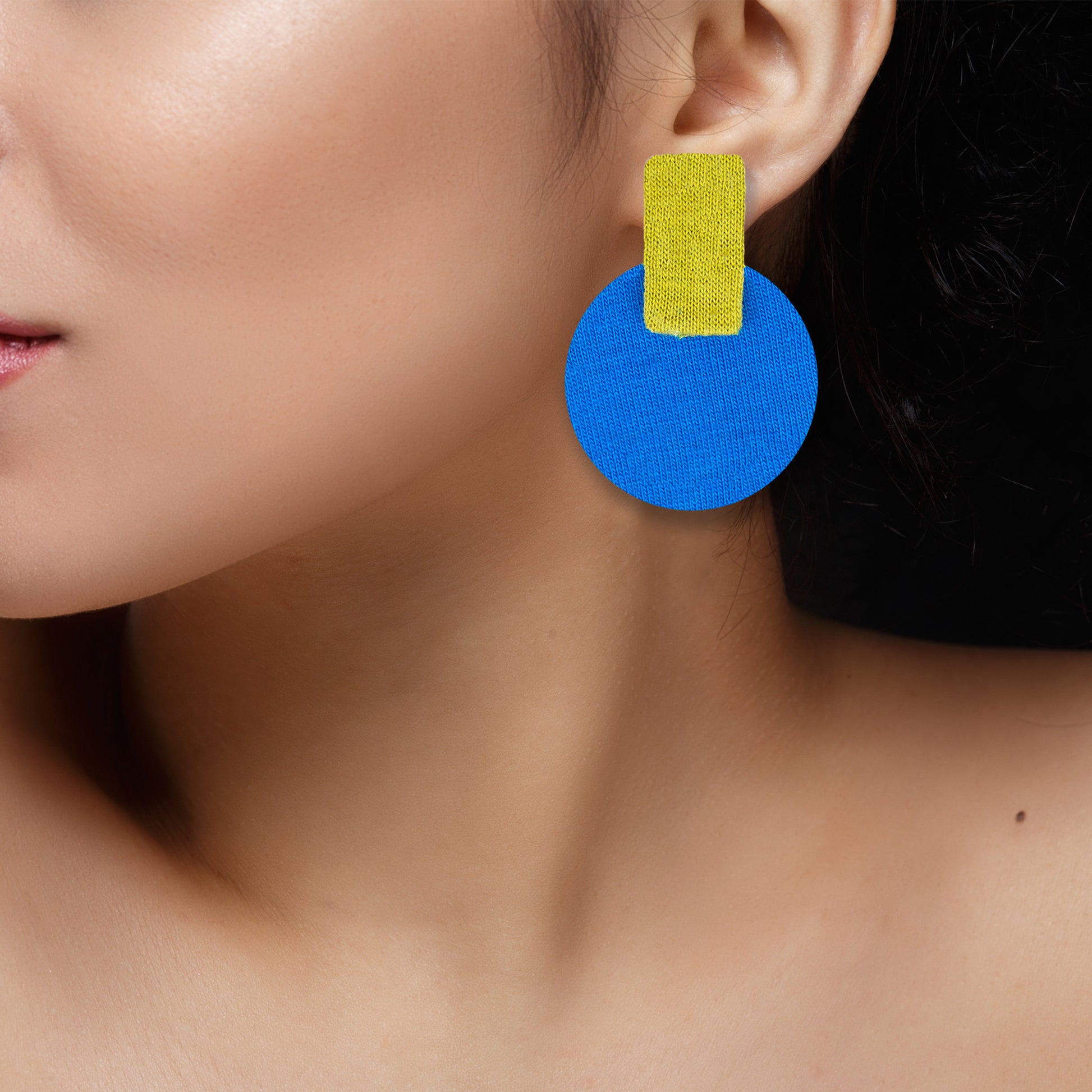 Organic Vibes Handmade Geometrical Blue-Olive Shape Antique Stud Fabric Earrings For Women