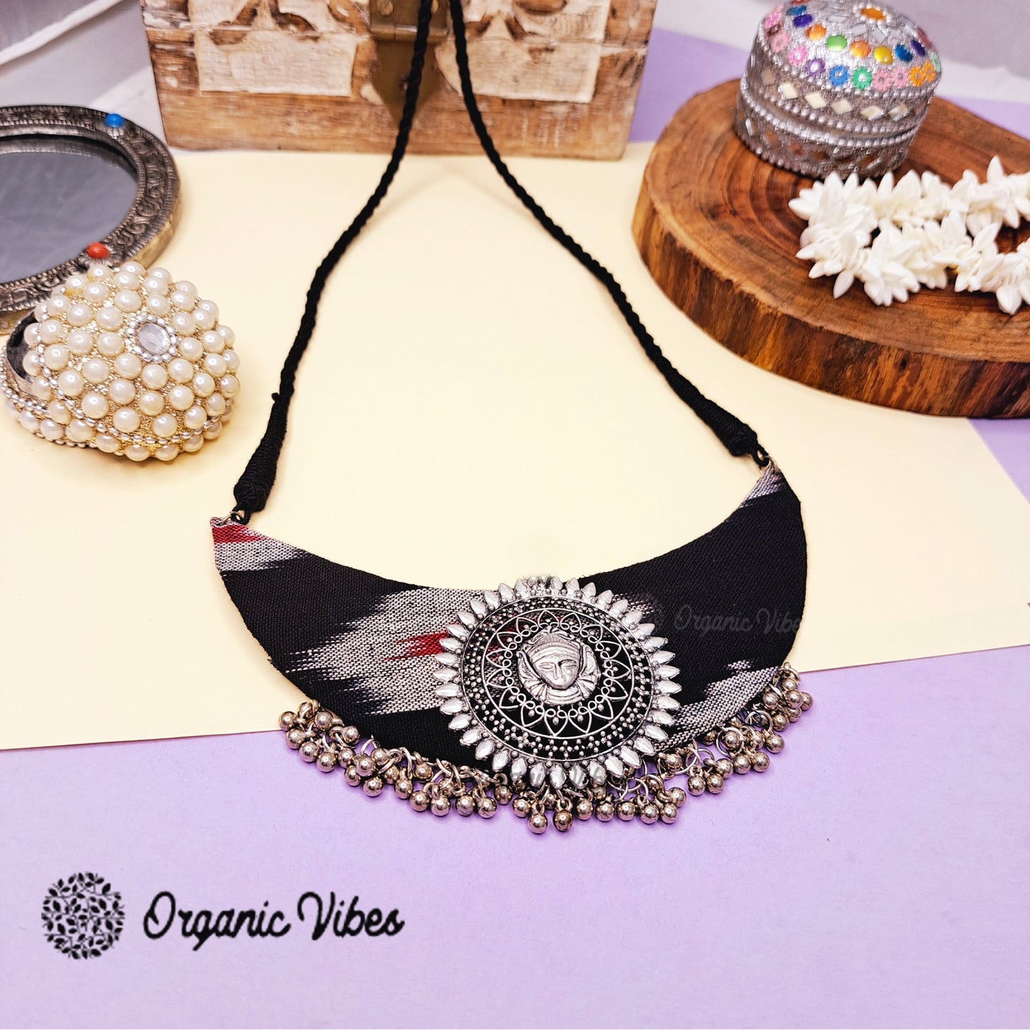 Organic Vibes Handmade Black Ikat Printed Durga Fabric Necklace Set For Women