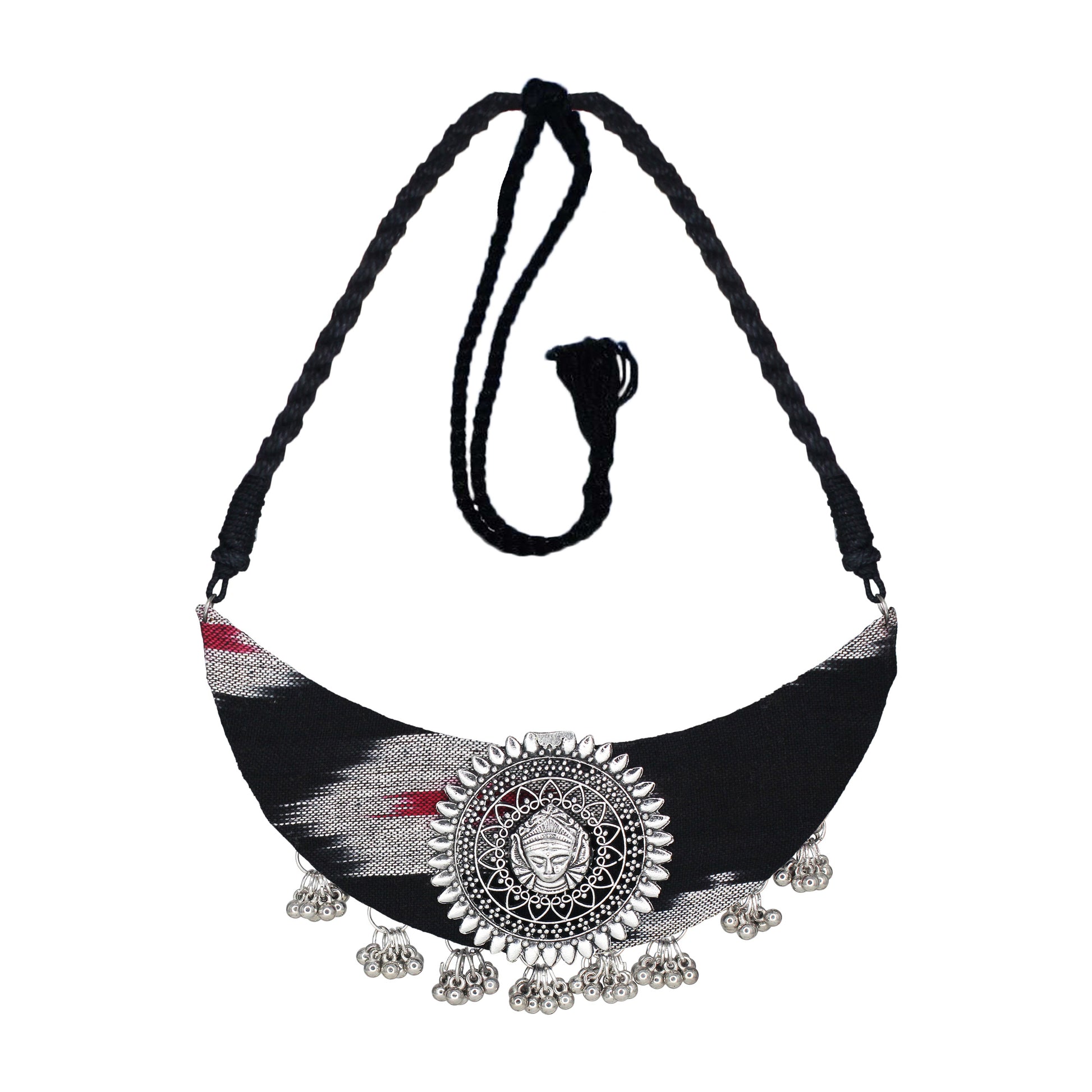 Organic Vibes Handmade Black Ikat Printed Durga Fabric Necklace Set For Women