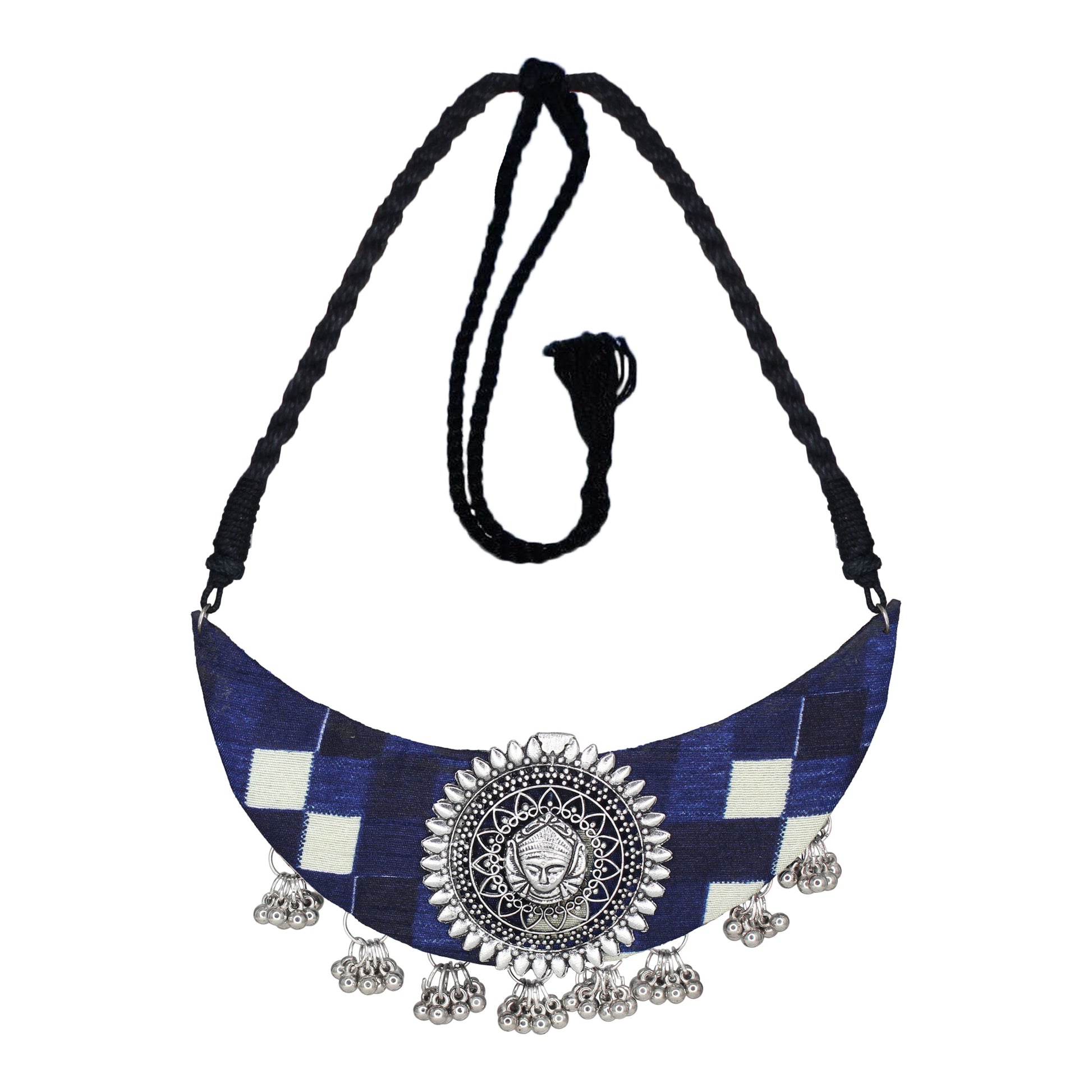 Organic Vibes Handmade Blue Block Printed Durga Fabric Necklace For Women