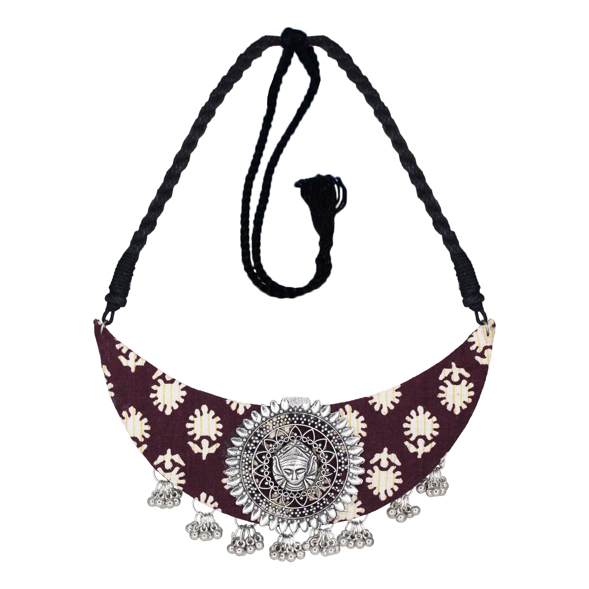 Organic Vibes Handmade Floral Hand Block Printed Brown Fabric Necklace Set For Women