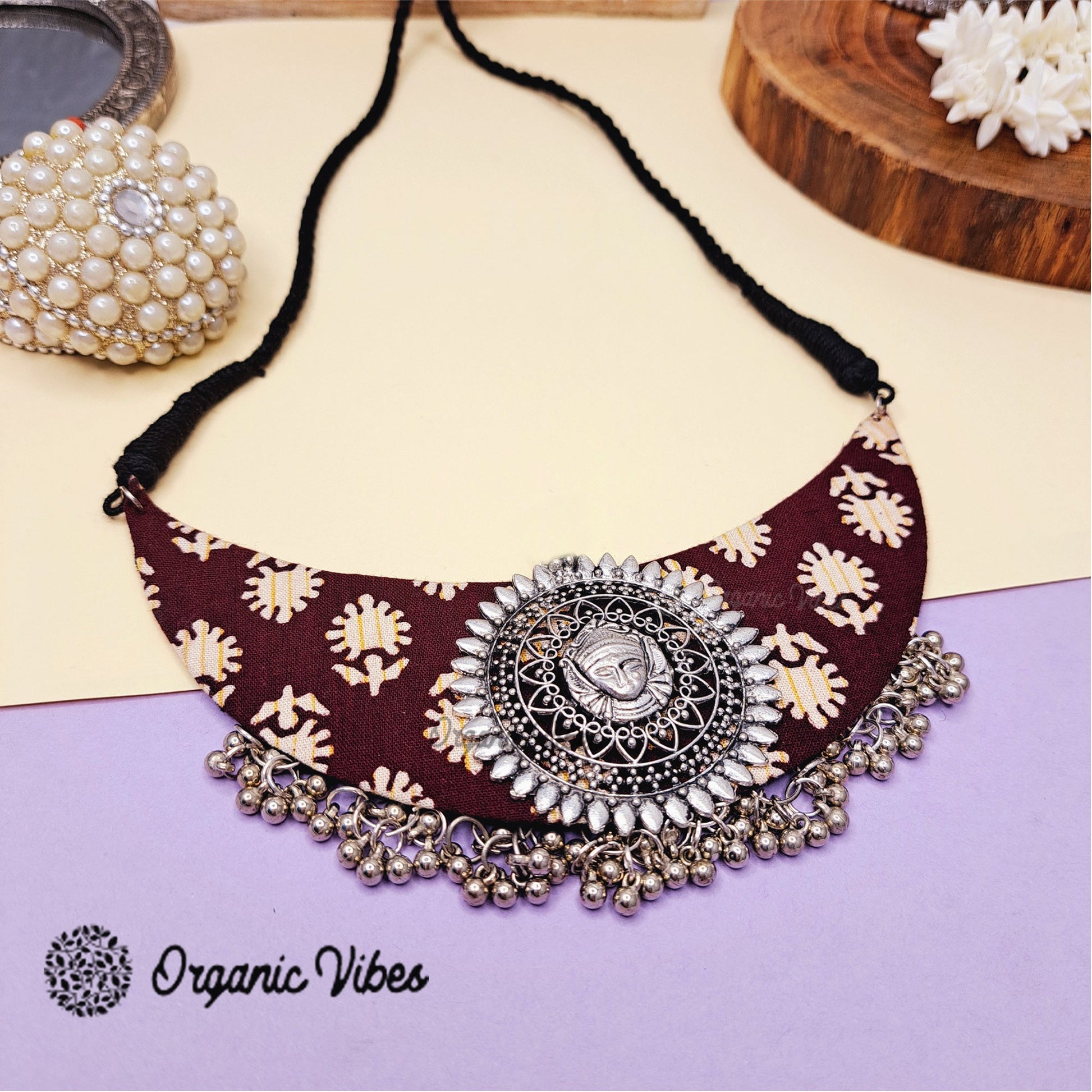 Organic Vibes Handmade Floral Hand Block Printed Brown Fabric Necklace Set For Women