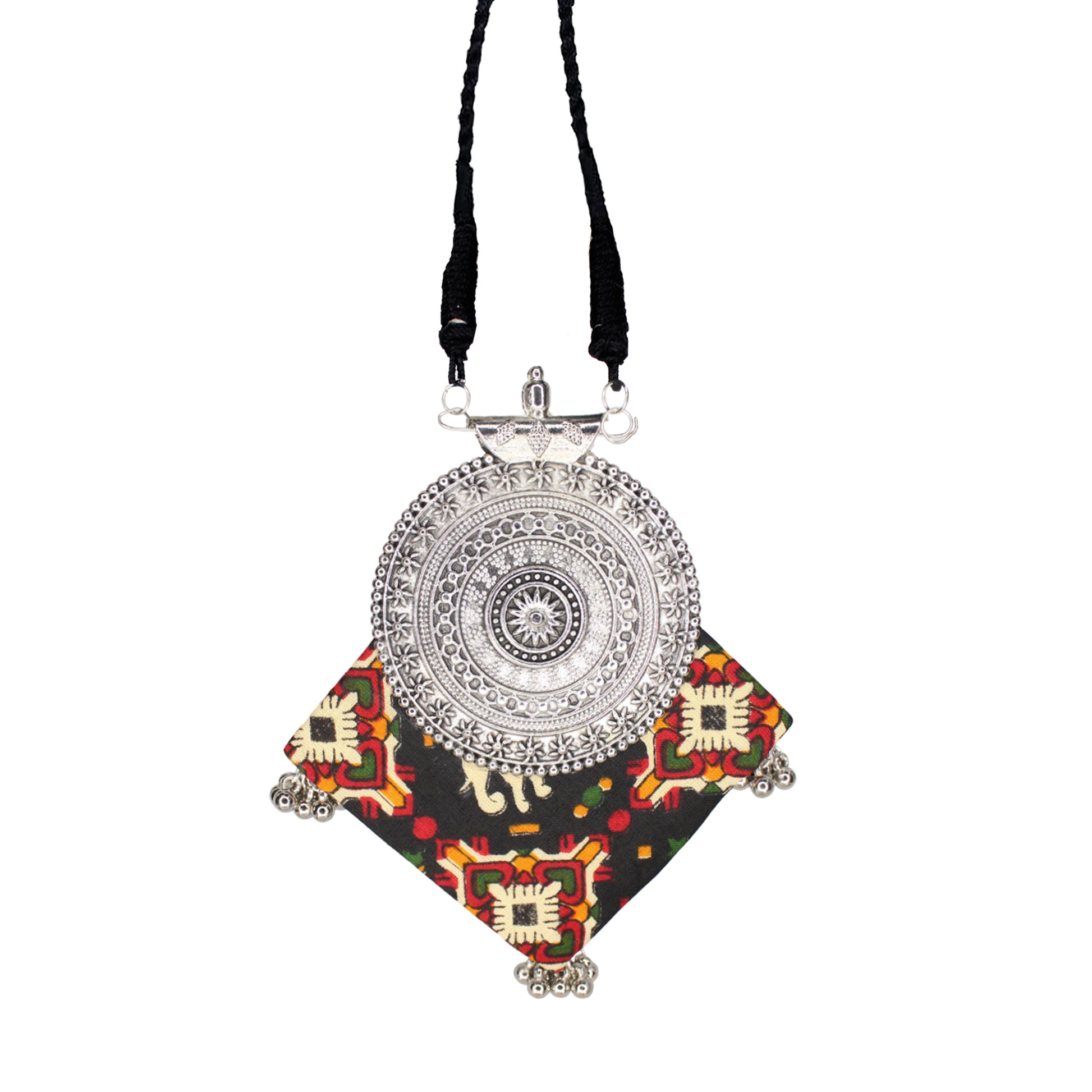 Organic Vibes Handmade Black Printed Temple Design Fabric Pendant Set For Women