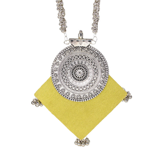 Organic Vibes Handmade Black Printed Temple Design Fabric Pendant For Women