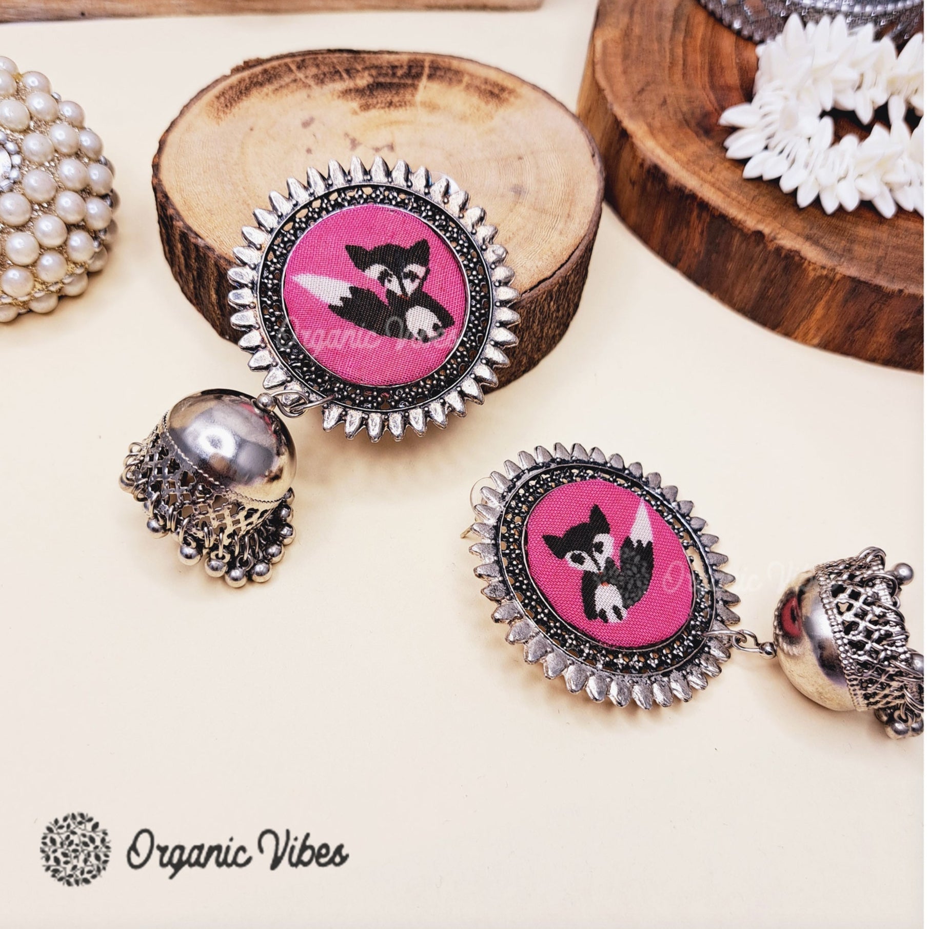 Organic Vibes Handmade Handmade Pink With Cat Printed Silver Jhumka Fabric Earrings For Women