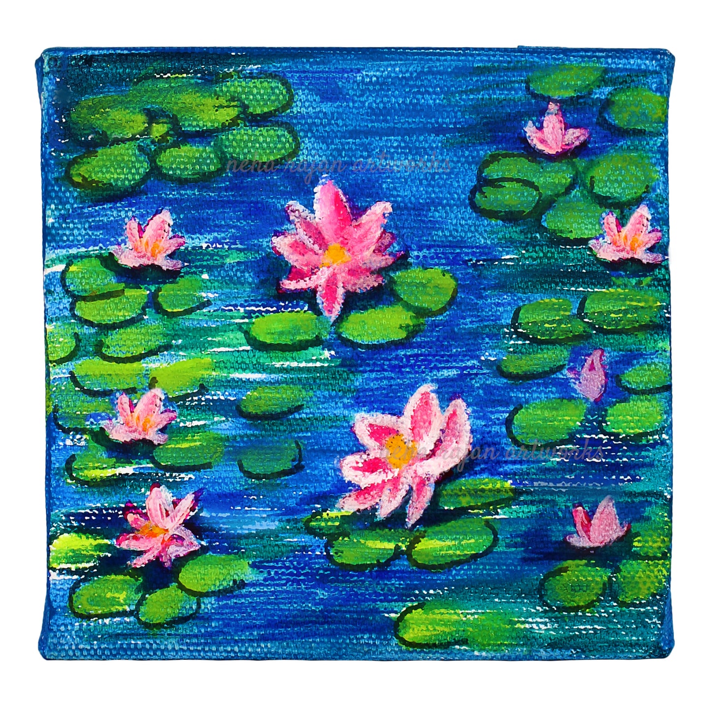Neha Rajan Artworks Original Handmade Blue Lotus Painting Hand Painted On Canvas Frame 4*4