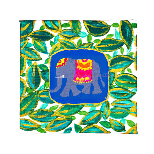 Neha Rajan Artworks Original Handmade Elephant Leaf Painting Hand Painted On Canvas Frame 6*6