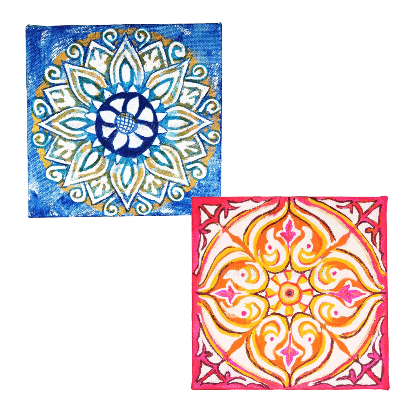 Neha Rajan Artworks Combo of Original Handmade Pink And Blue Rangoli Mandala Paintings Hand Painted On Canvas Frame 6*6