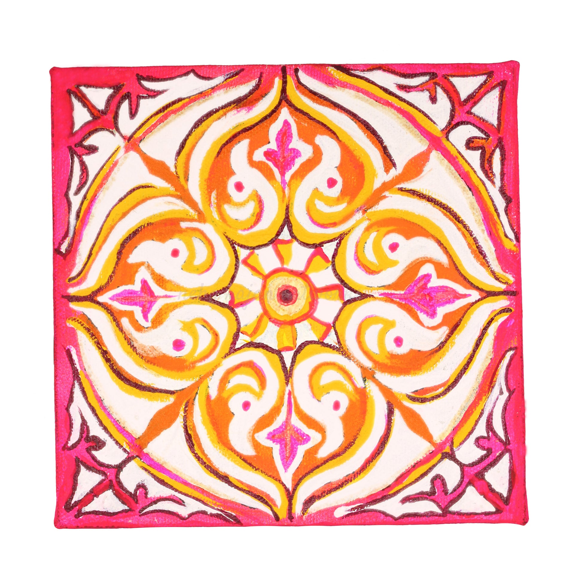 Neha Rajan Artworks Original Handmade Pink Rangoli Mandala Painting Hand Painted On Canvas Frame 6*6