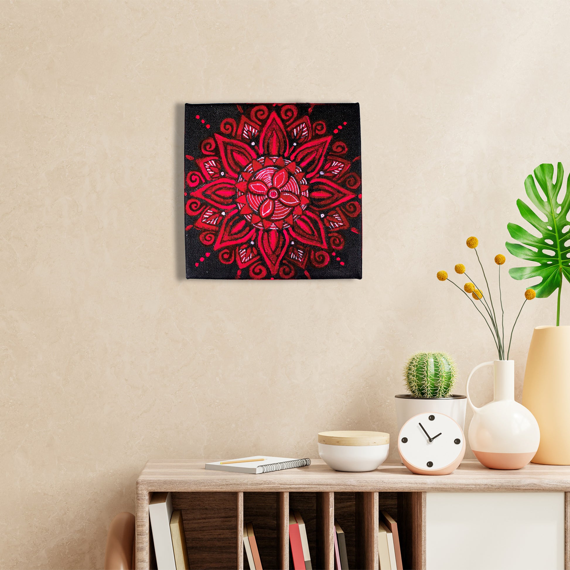 Neha Rajan Artworks Original Handmade Floral Mandala Painting Hand Painted On Canvas Frame 6*6