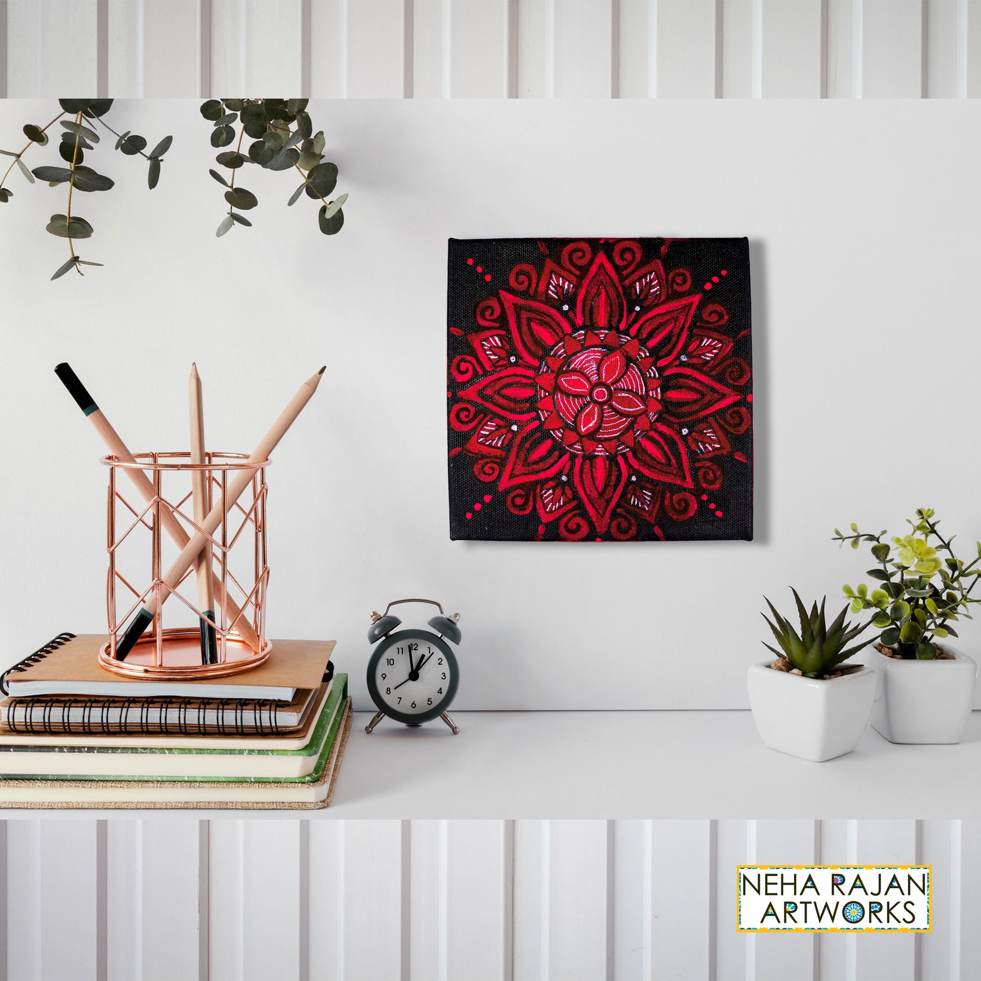 Neha Rajan Artworks Original Handmade Floral Mandala Painting Hand Painted On Canvas Frame 6*6