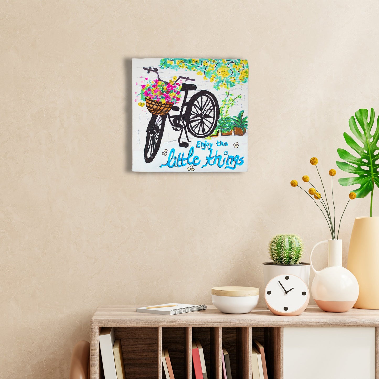 Neha Rajan Artworks Original Handmade Bicycle Floral Motivational Quote Hand Painted On Canvas Frame 6*6