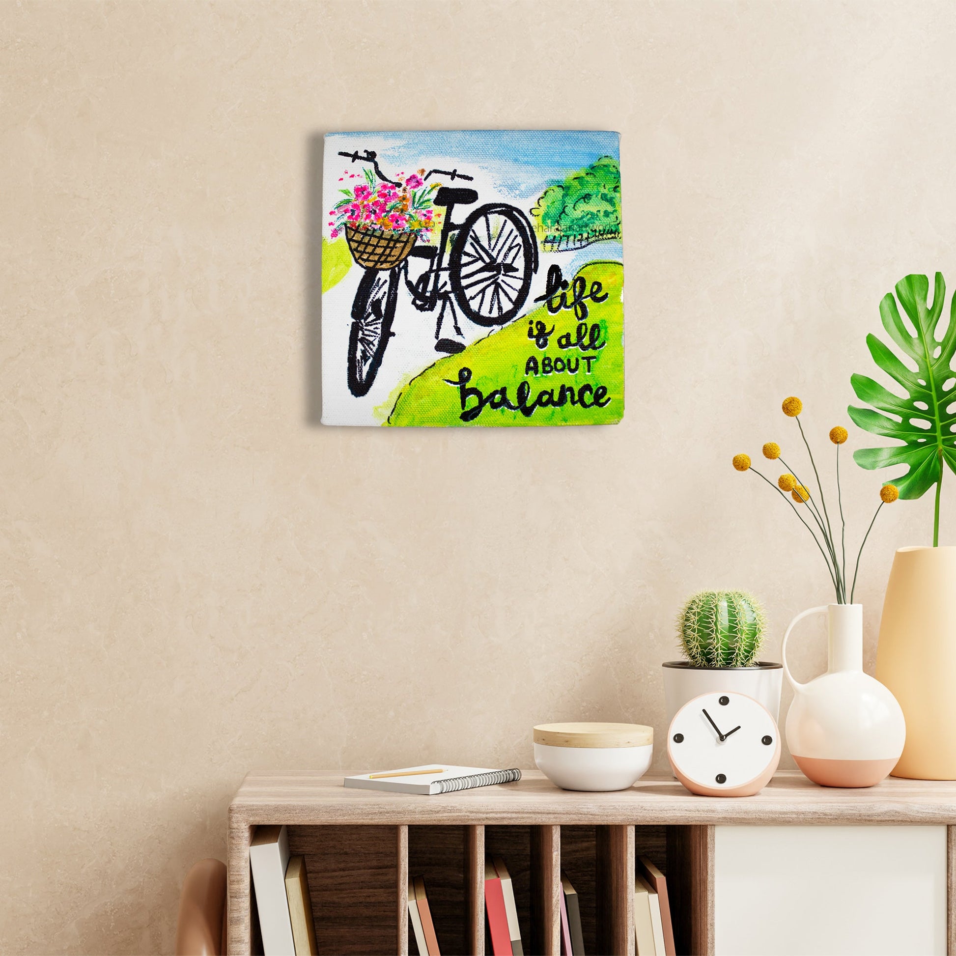 Neha Rajan Artworks Original Handmade Bicycle Floral Motivational Quote Painting Hand Painted On Canvas Frame 6*6