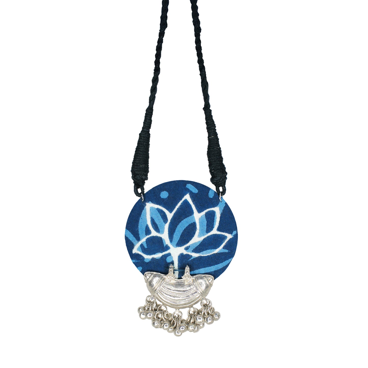 Organic Vibes Handmade Blue Indigo Lotus Printed Fabric Pendant Set For Women