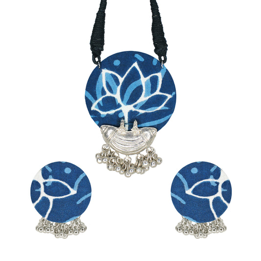 Organic Vibes Handmade Blue Indigo Lotus Printed Fabric Pendant Set For Women