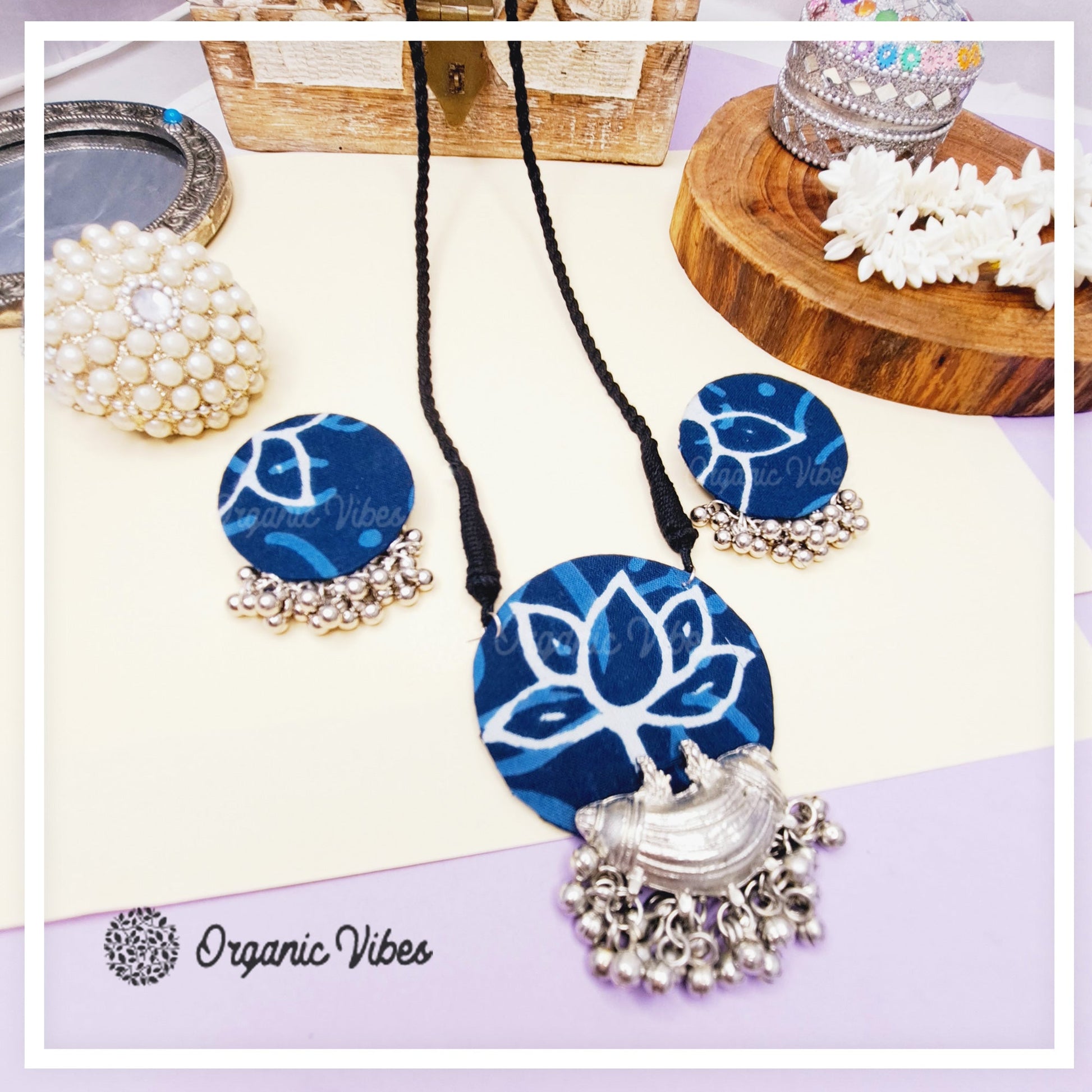 Organic Vibes Handmade Blue Indigo Lotus Printed Fabric Pendant Set For Women