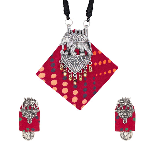 Organic Vibes Handmade Elephant Design Red Fabric Pendant Set For Women