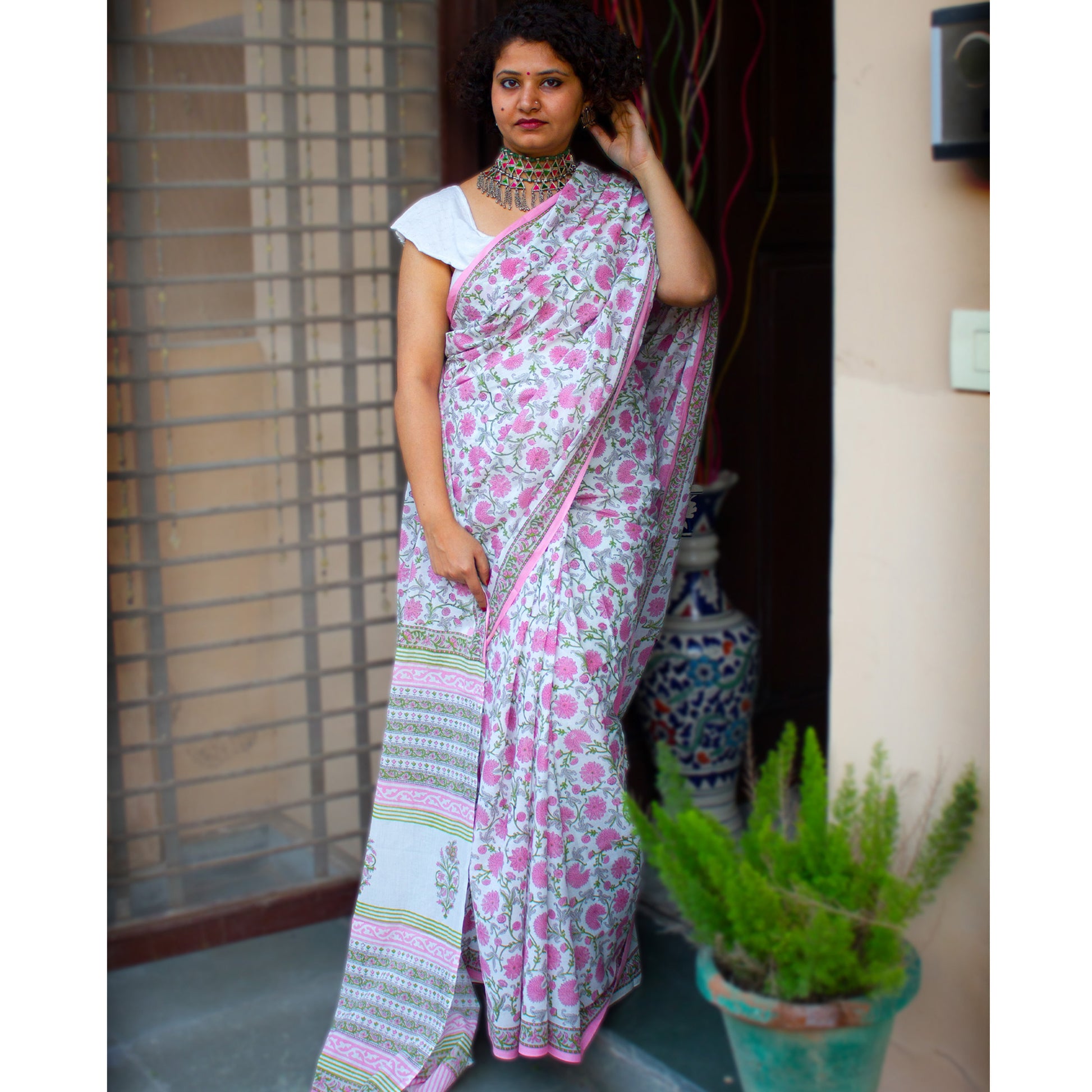  Organic Vibes Handblock Printed Mulmul Cotton Saree White Floral Sanganeri Organic Vibes 