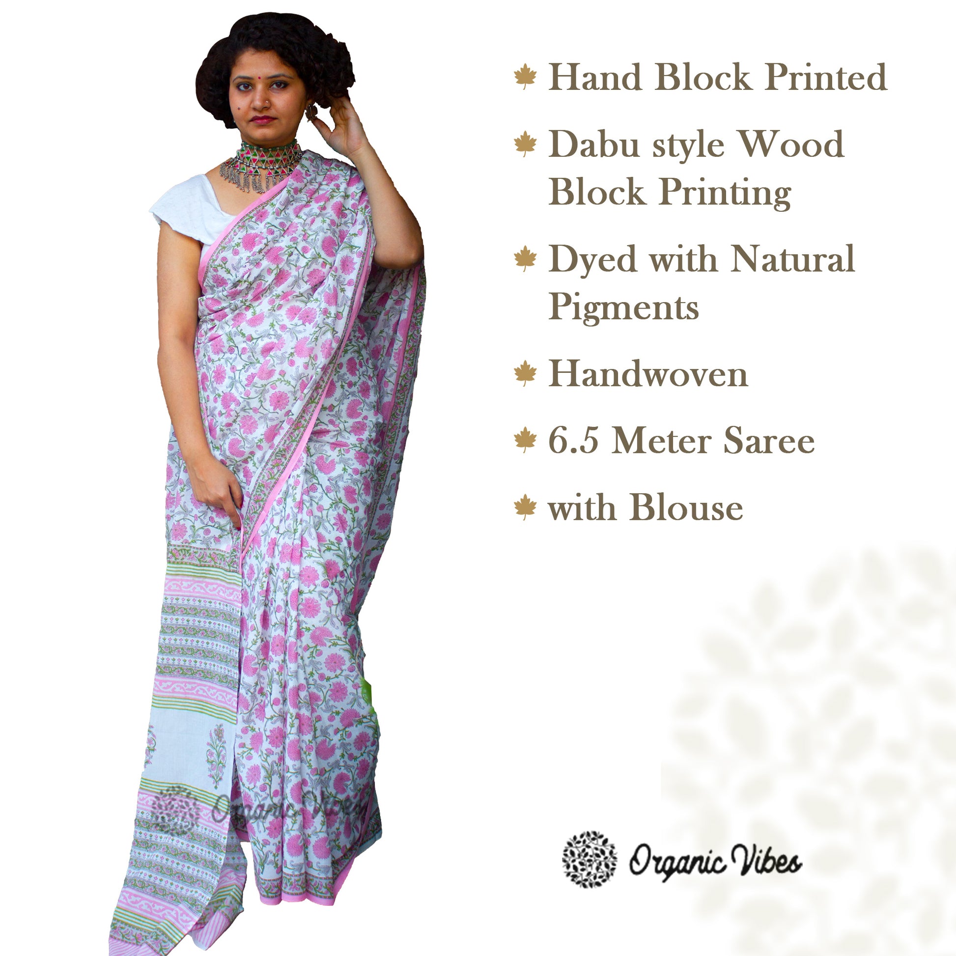  Organic Vibes Handblock Printed Mulmul Cotton Saree White Floral Sanganeri Organic Vibes 