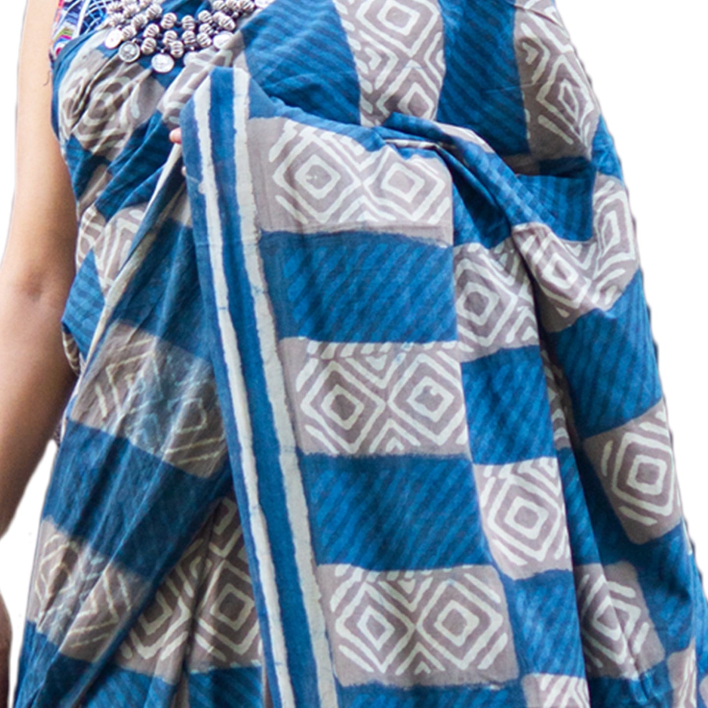 Organic Vibes Blue Grey Indigo Handblock Printed Mulmul Cotton Saree with Grey Checks