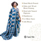 Organic Vibes Blue Grey Indigo Handblock Printed Mulmul Cotton Saree with Grey Checks