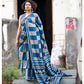 Organic Vibes Blue Grey Indigo Handblock Printed Mulmul Cotton Saree with Grey Checks