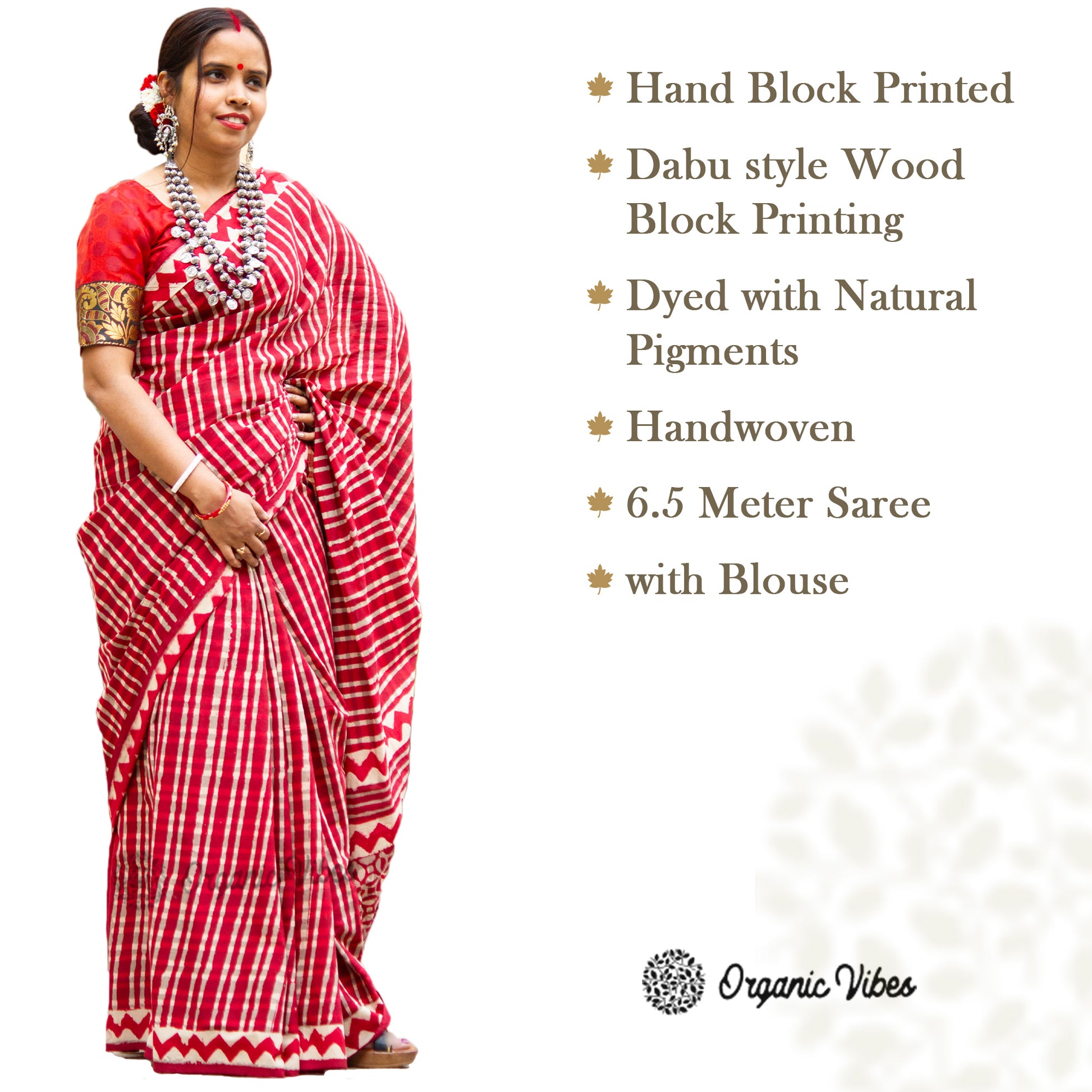 Organic Vibes Red White check Handblock Printed Mulmul Cotton Saree