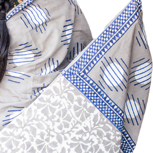 Organic Vibes Grey Handblock Printed Mulmul Cotton Saree with Triple Layered Moon Prints