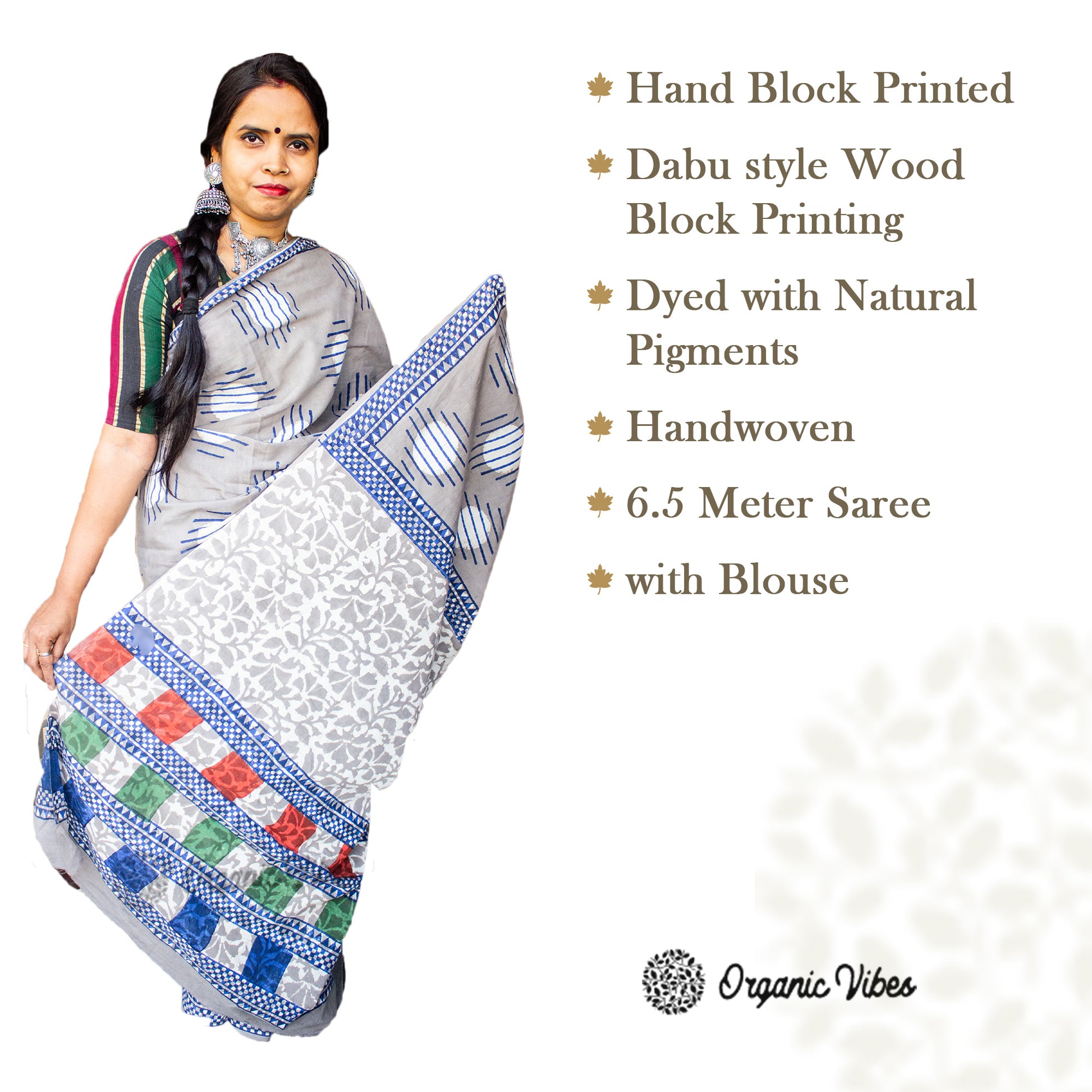 Organic Vibes Grey Handblock Printed Mulmul Cotton Saree with Triple Layered Moon Prints