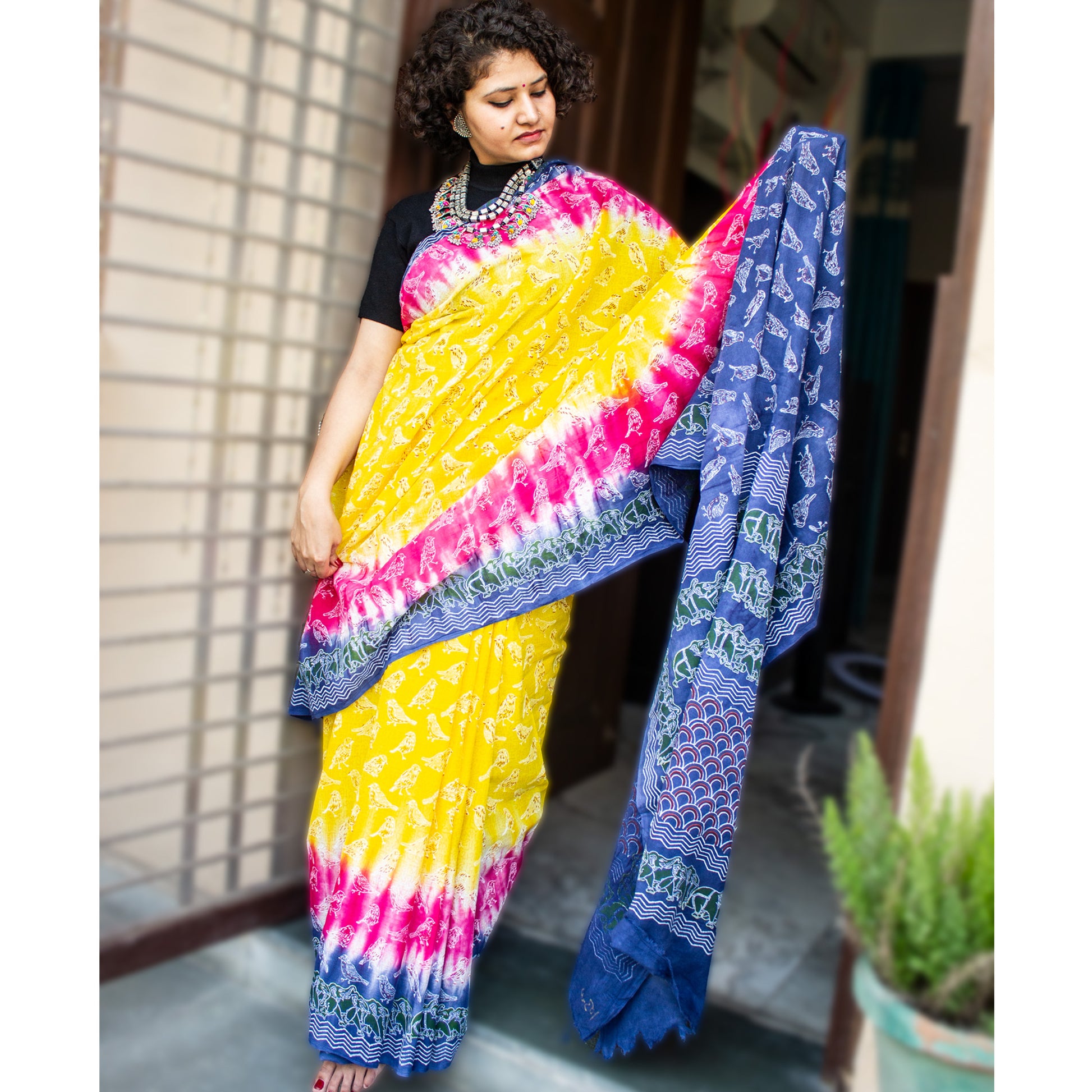 Organic Vibes Multi color Handblock Printed Mulmul Cotton Saree with Sparrow Calligraphy
