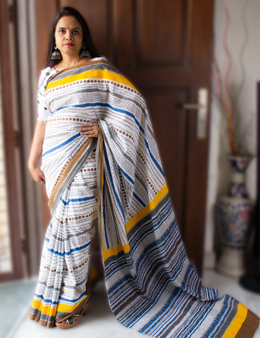 Handblock Printed Mulmul Cotton Saree White Calligraphy Multi-color Organic Vibes 