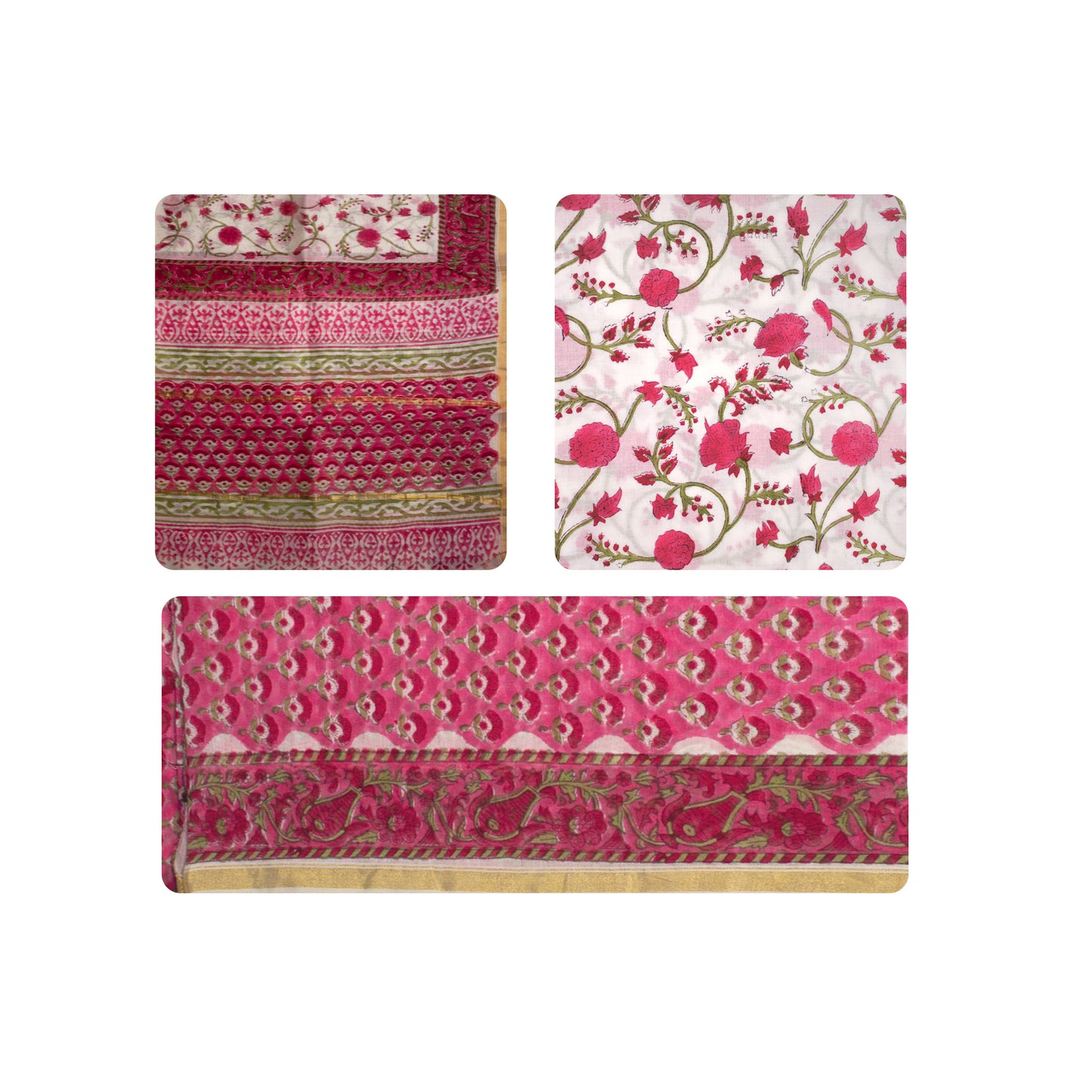 Organic Vibes Pink Red Floral Chanderi Silk Hand Block Printed Kurta set unstitched Fabric with Dupatta
