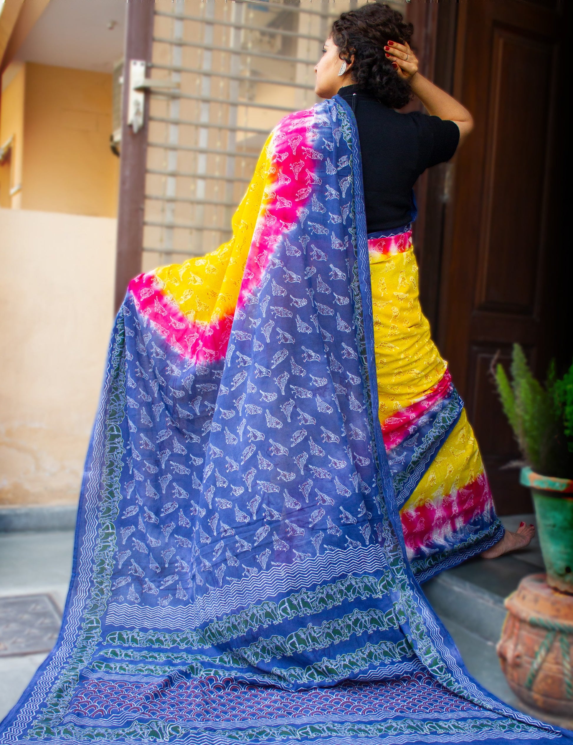 Organic Vibes Multi color Handblock Printed Mulmul Cotton Saree with  Sparrow Calligraphy
